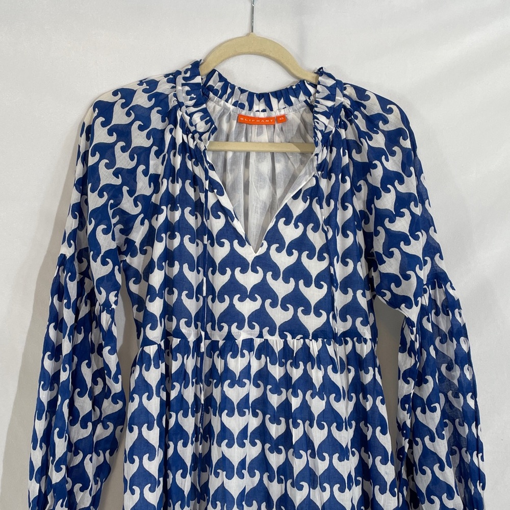 Oliphant Dress XS united Arrows Blue White Print Tiered Lightweight Cotton EUC - Picture 2 of 11